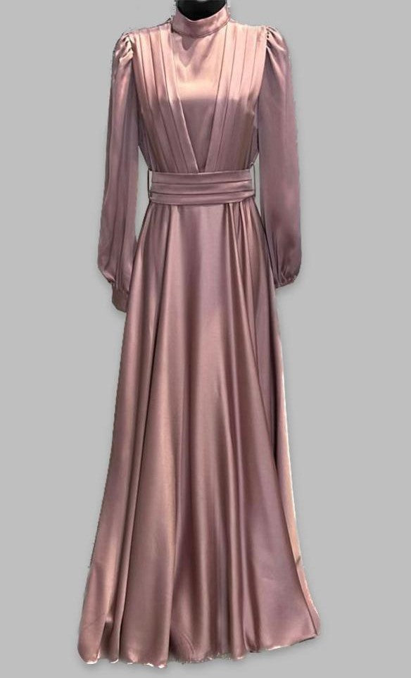 Pleated Front Satin Gown (Dusky Pink)