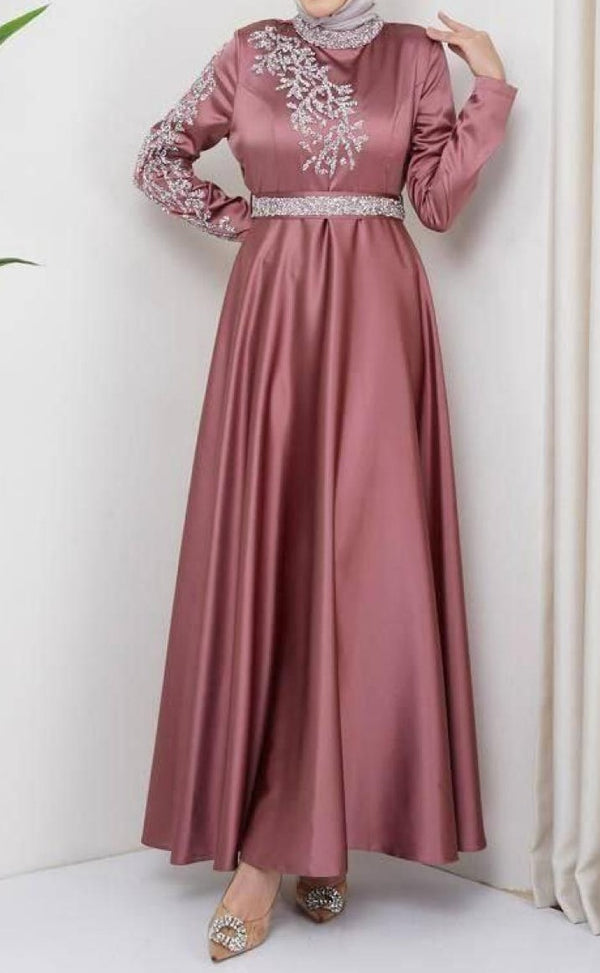 Embellished Satin Dress (Dusky Pink)