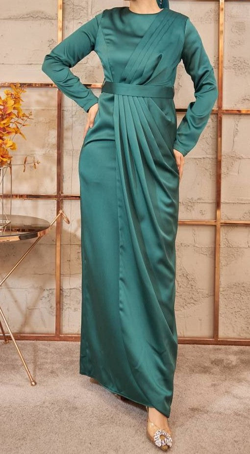 Chic Satin Draped Dress (Emerald)