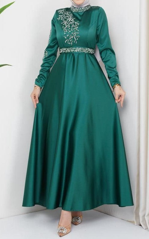 Embellished Satin Dress (Emerald)
