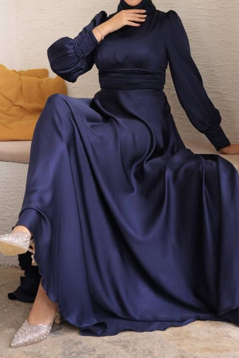 Shimmer Satin Silk Gown (Midnight Blue)