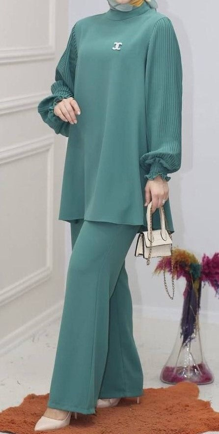 Pleated Sleeve Top/Pant Set(Green)