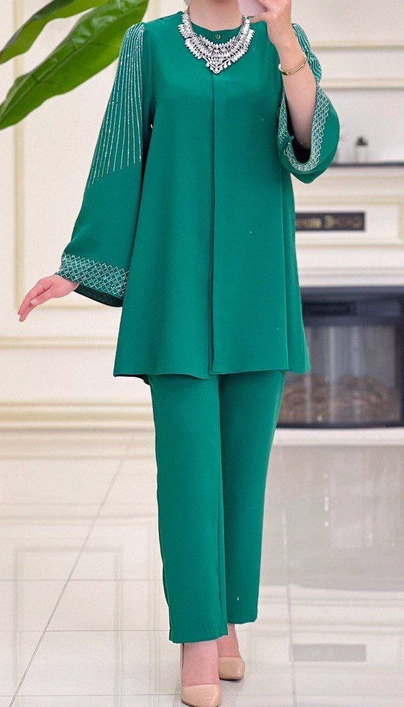 Chic Embellished Tunic Set (Jade Green)