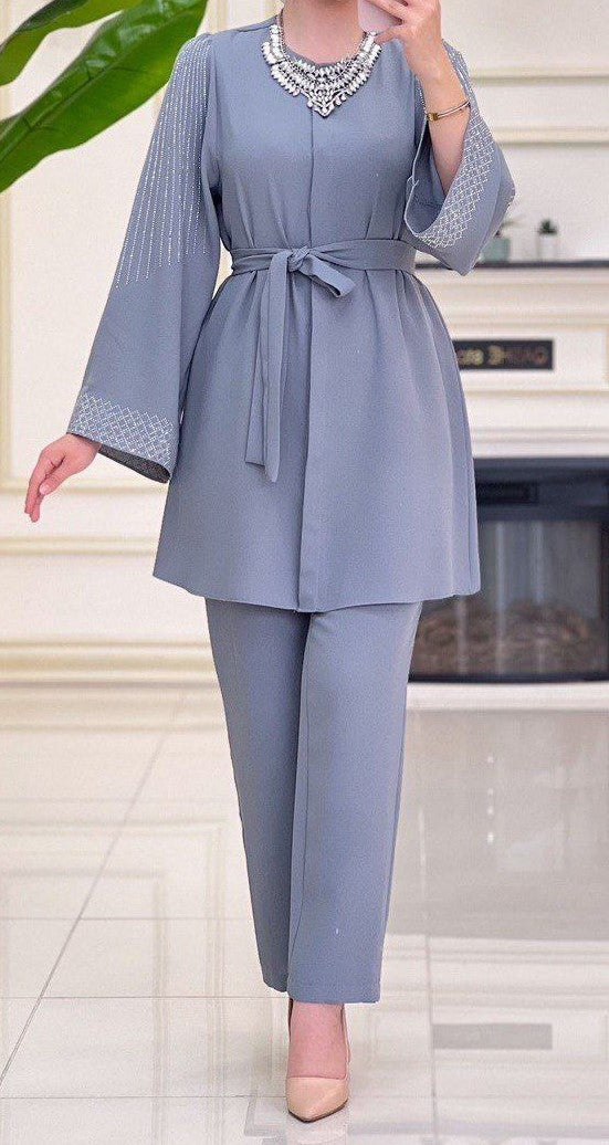 Chic Embellished Tunic Set (Grey)
