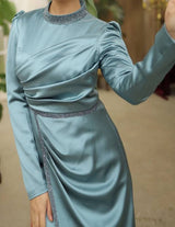 Embellished Satin Draped Dress (Icy Blue)