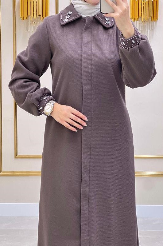 Fancy Zipper Abaya Coat /Mink