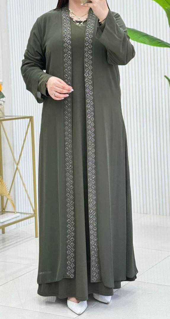 Elegant Rhinestone Abaya (Olive)