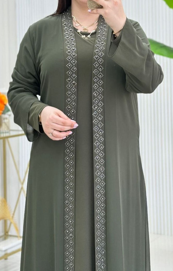 Elegant Rhinestone Abaya (Olive)