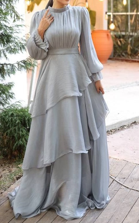 Shimmer Silk Ruffle Gown (Silver Grey)