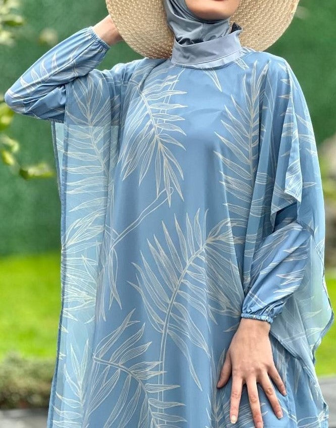 Abstract Print Burkini w Kimono (Heather Blue)