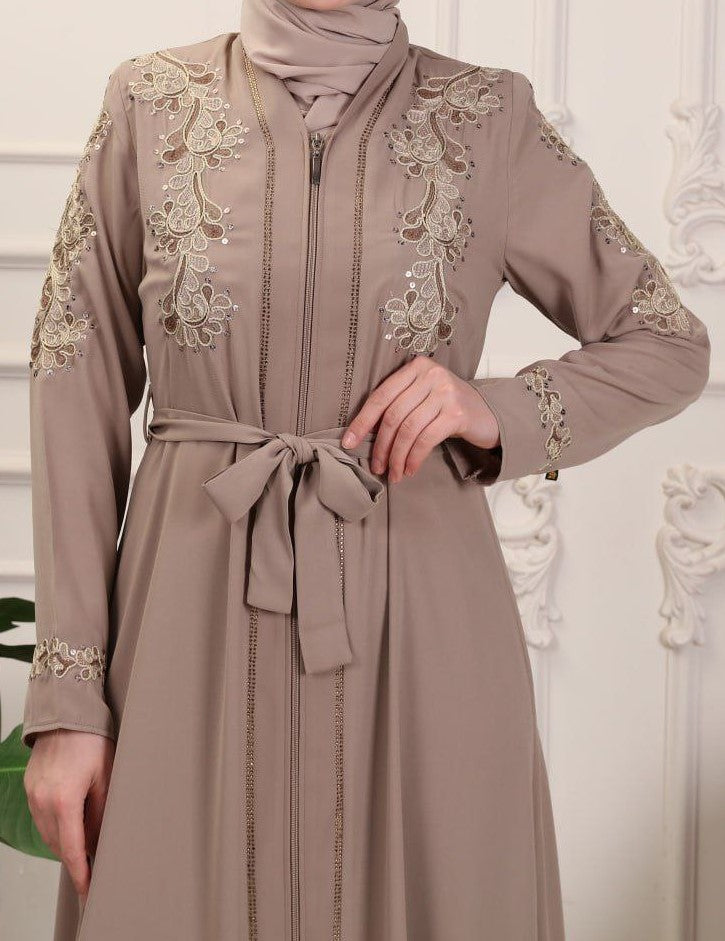 Fancy Embroidery Abaya (Taupe)