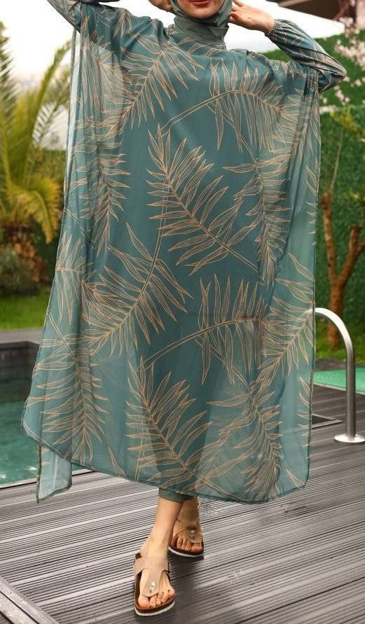 Abstract Print Burkini w Kimono (Teal)