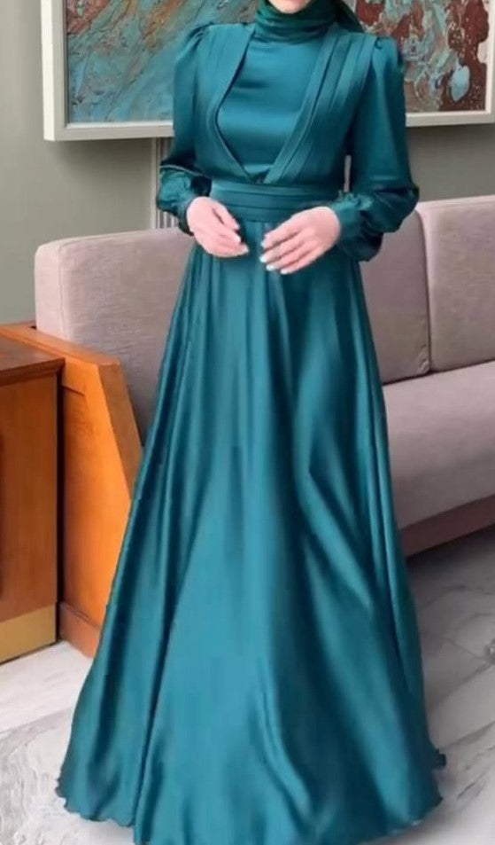 Pleated Front Satin Gown (Dark Turquoise)
