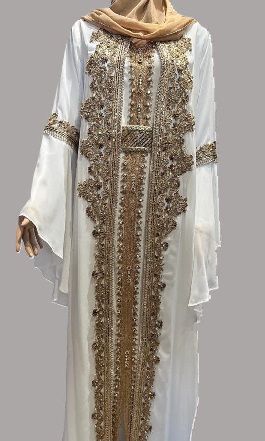 Chic Moroccan Style Kaftan-White/Gold