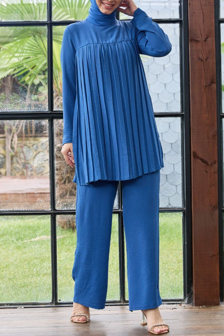 Crepe Chiffon Pleated Tunic Set (Blue)