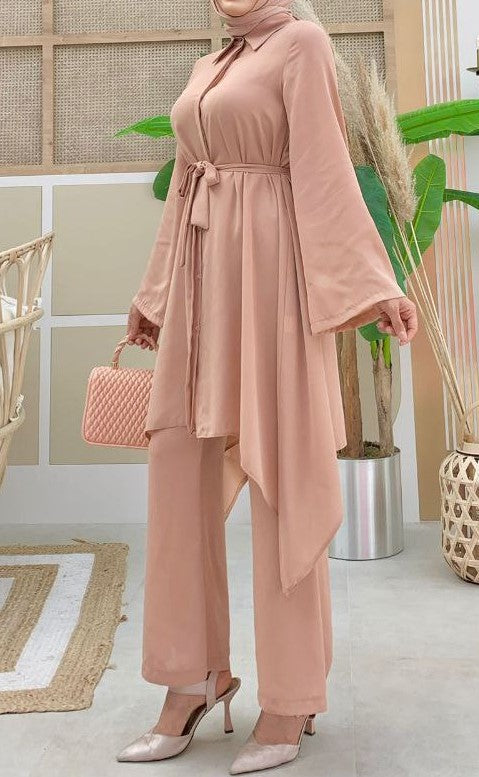 High-Low Tunic and Pants Set (Blush Nude)