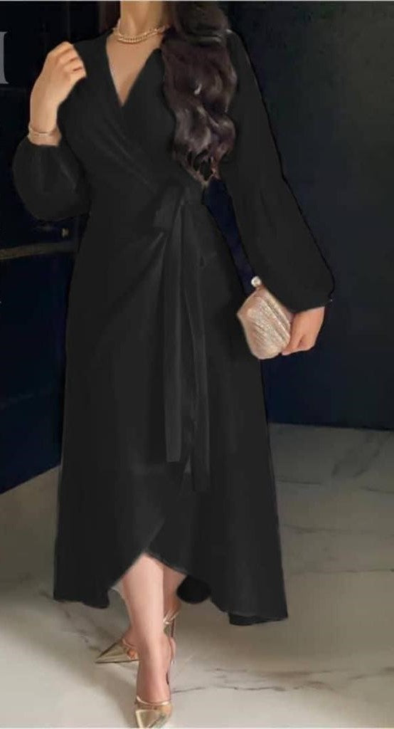 Wrap Style Midi Dress (Black)