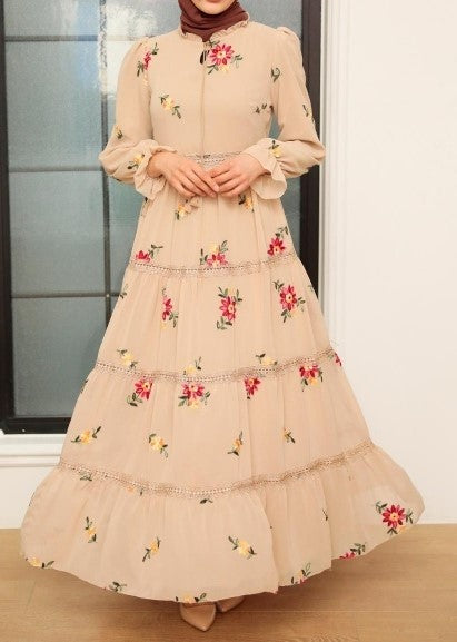 Floral Embroidery Chiffon Maxi (Nude)