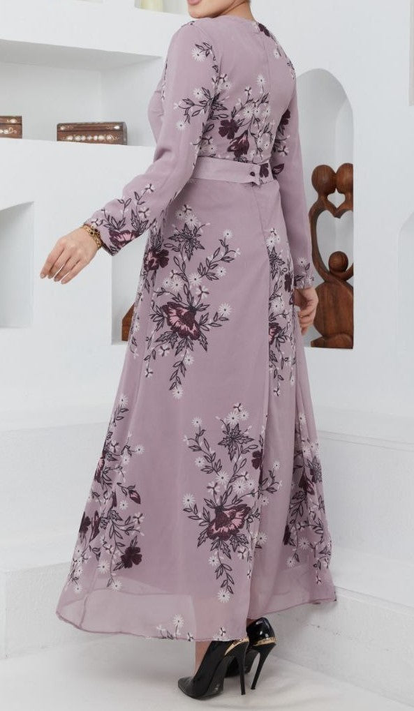 Lavender Floral Print Chiffon Dress