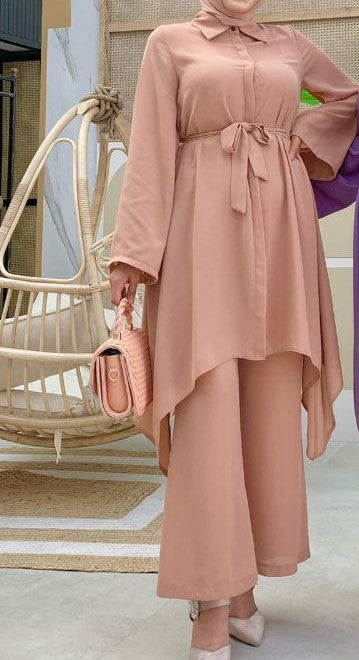 High-Low Tunic and Pants Set (Blush Nude)