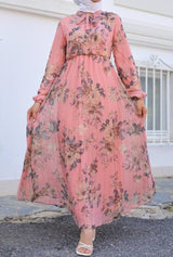 Floral Pleated Chiffon Maxi (Coral)