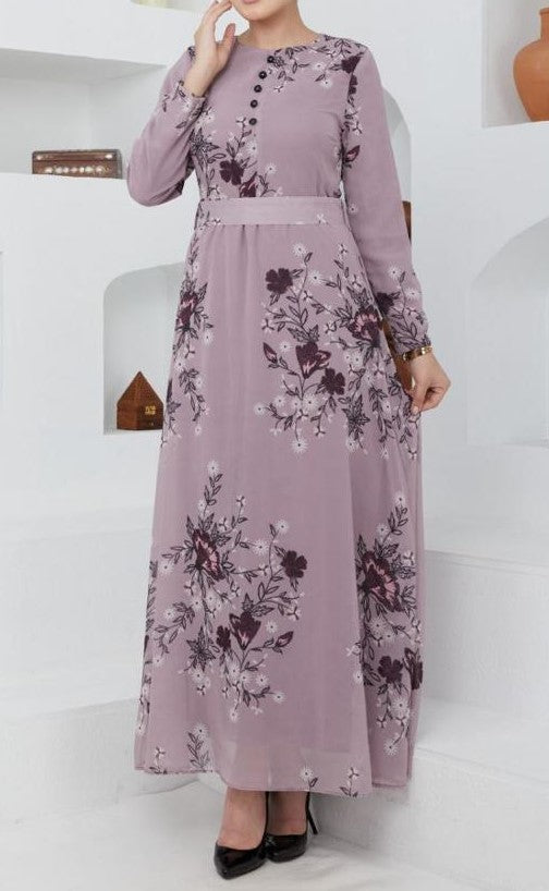 Lavender Floral Print Chiffon Dress